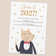 Nyårsfestinbjudan med katt i smoking