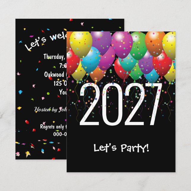 Nyårsfirande 2027 Ballonger Inbjudningar (Fram/baksida)