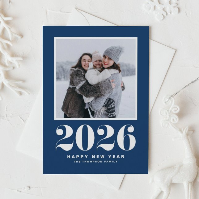 Nyårsfoto för 2025 års fetstil - nyårsfoto julkort (Celebrate the start of 2026 with a stylish retro flair using this navy blue photo New Year card.)