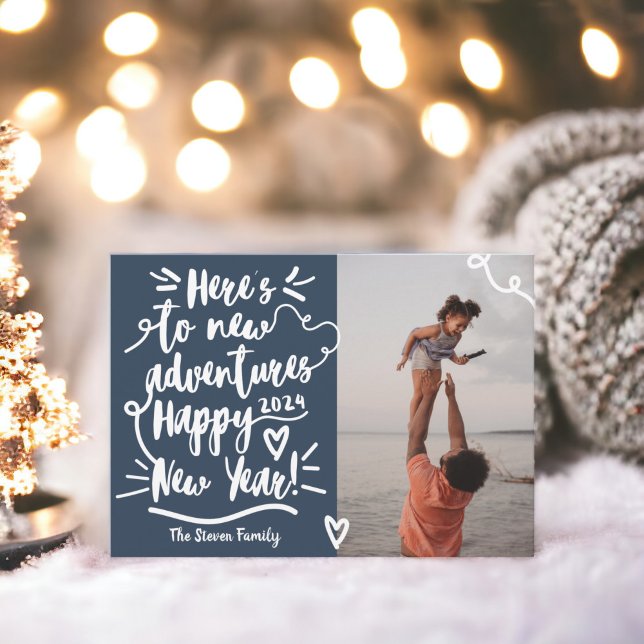 Nyårsfoto för Modern Navy Blue äventyr Julkort (Modern navy blue adventure New Year photo Holiday Card)