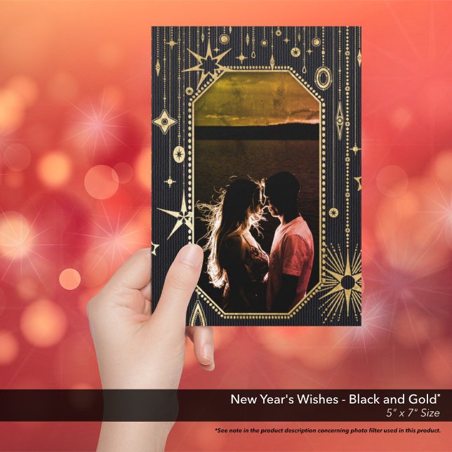 Nyårsfoto för Önskemål Black Guld Julkort (New Year's Wishes Black and Gold Holiday Card)