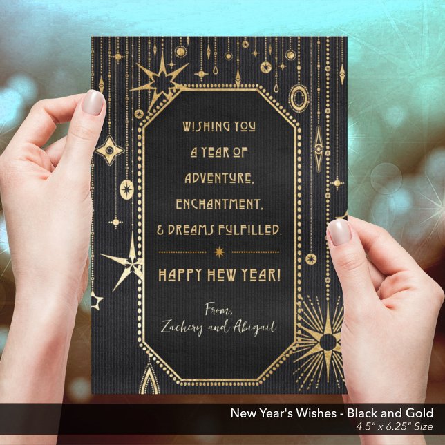 Nyårsfoto för Önskemål Black och Guld Julkort (New Year's Wishes Black and Gold Holiday Card)
