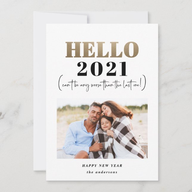 Nyårsfoto från den nutida typografin guld hej julkort (Framsida)