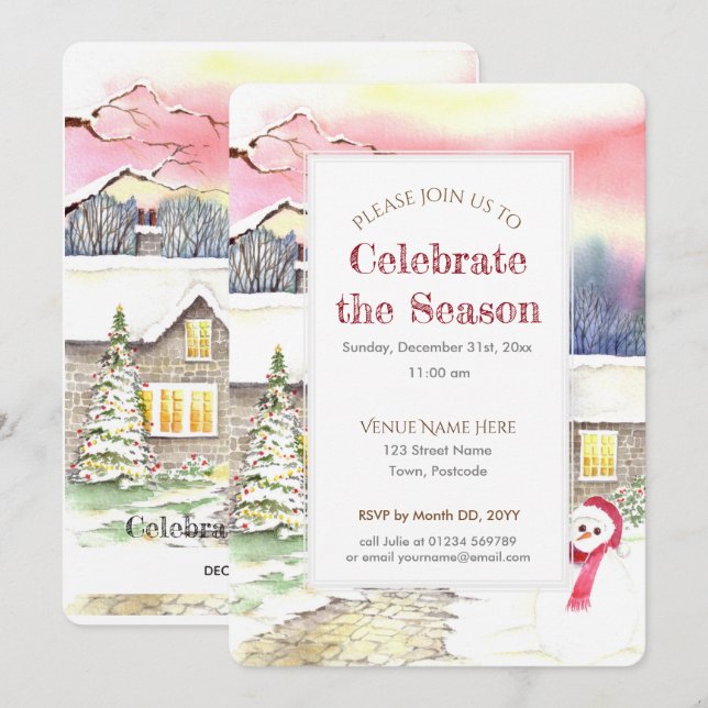 Nyårsinbjudan till nyårspartiet Snowy Cottage Inbjudningar (Fram/baksida)