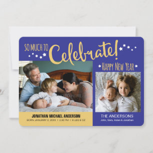 Nyårsmeddelande om blått och Guld, foto Pojke Julkort