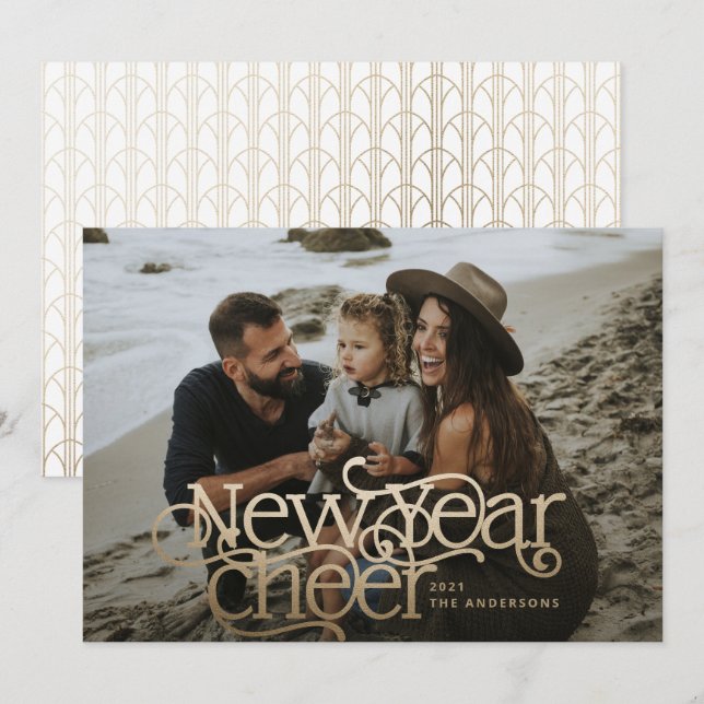 Nyårsmodern Foto elegant Art Deco-typografi Julkort (Fram/baksida)