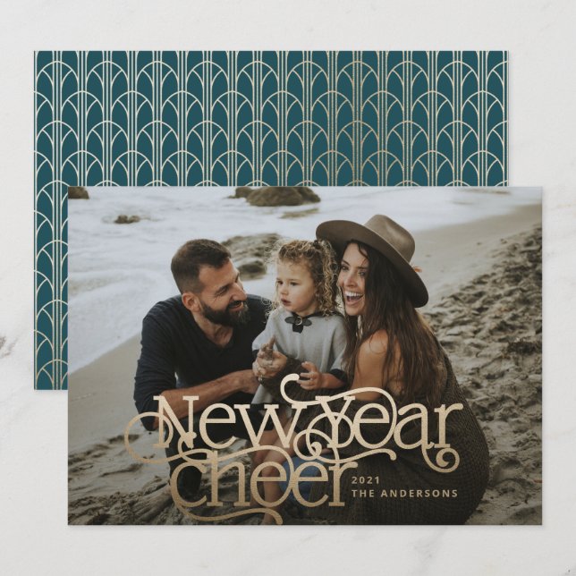 Nyårsmodern Foto elegant Art Deco-typografi Julkort (Fram/baksida)