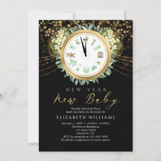 Nyårsprogrammet Nyfödd bebis Clock Guld Black Baby Inbjudningar