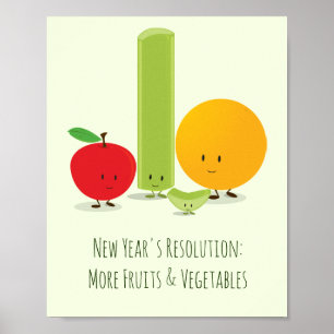 Nyårsresolution om hälsosam kost av frukt, grönsak poster