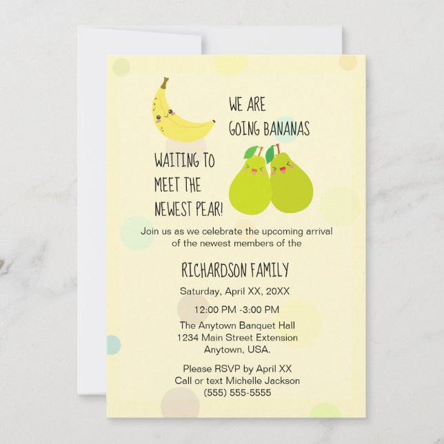 Nyaste Pear Gender Neutral Twillingar Baby Shower Inbjudningar (Framsida)