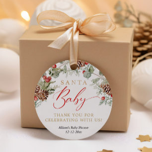 Nybabydusch för Santa Baby Rustic Winter Greenery Gåvor Etiketter