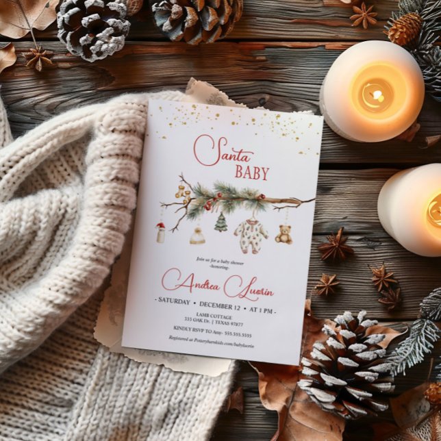 Nybabydusch för Santa Baby Rustic Winter Greenery Inbjudningar (Skapare uppladdad)