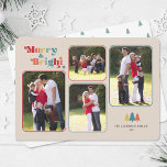 Nybörjare och färgstark retro-färgad fotojul julkort<br><div class="desc">Det färgstarka julkortet innehåller texten "Merry & Bright" som visas i flerfärgad text på en gräddbaksida på färgaden. Utformningen erbjuder fyra foto ramar för dina favoritfoton i familjen. Fotografi © Storytree Studios,  Stanford,  CA</div>