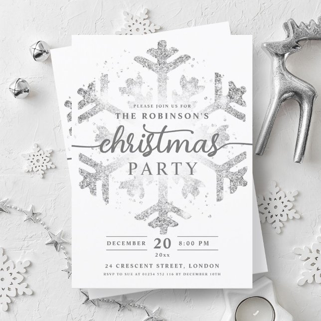 Nybörjare Silver Winter Snowflake jul Party Inbjudningar (Festive Silver Winter Snowflake Christmas Party Invitation)