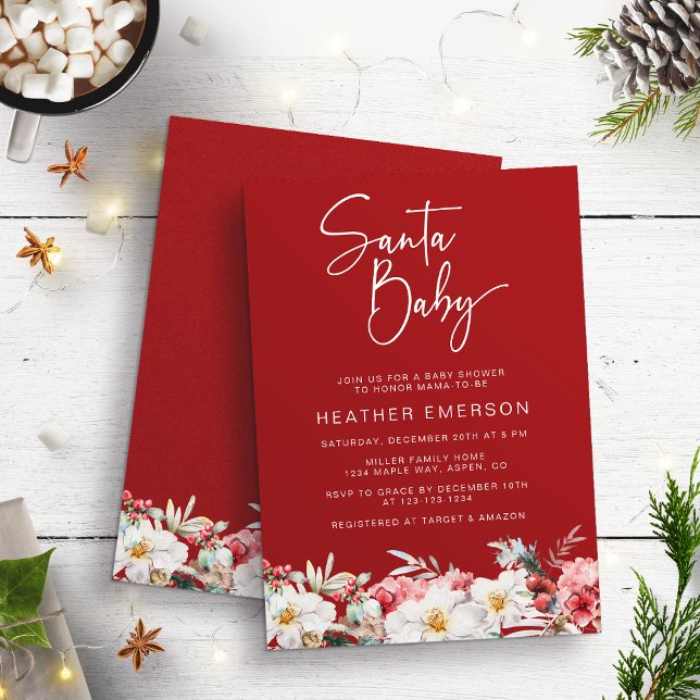 Nybörjarinbjudan till Helgdag-babykläder i Santa B Inbjudningar (Red Santa Baby Watercolor Rustic Boho Botanical Floral Baby Shower Invitation by Painted Paperie)