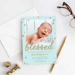 Nybörjarmeddelande - blått<br><div class="desc">Detta moderna foto-födelsemeddelande är perfektens sätt att presentera den nyaste medlemmen i din familj. Anpassningsbar färg finns tillgänglig på begäran.</div>