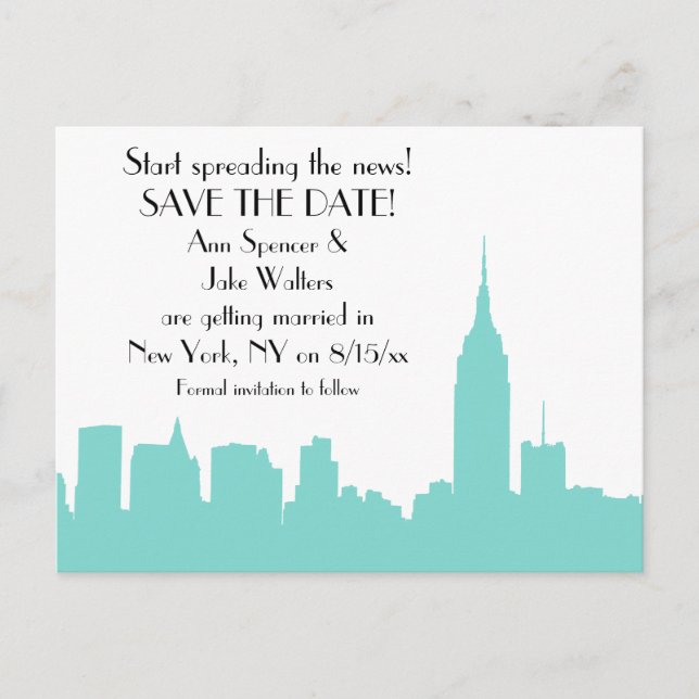NYC Aqua Skyline Silhouette Save the Date Meddelande Vykort (Framsida)