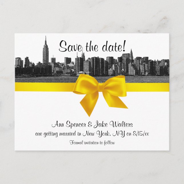 NYC Bred Panorama Graverad BW Gul Spara Datum Meddelande Vykort (Framsida)