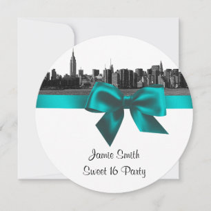 NYC Bred Panorama Graverad BW Teal Sweet Sixteen S Inbjudningar