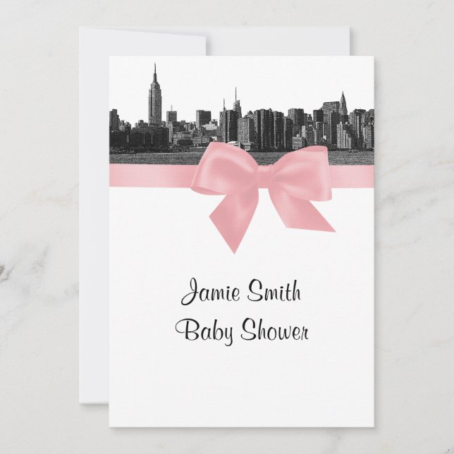 NYC Bred Panorama Graverad i svartvitt Rosa Baby S Inbjudningar (Framsida)