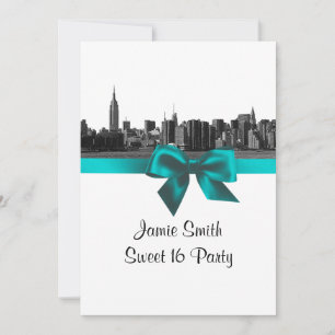 NYC Bred Panorama Graverad i svartvitt Teal Sweet Inbjudningar