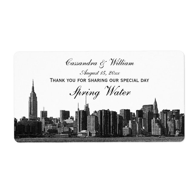 NYC Bred Panorama Graverad Svartvitt Vattenflaska Fraktsedel (Framsidan)