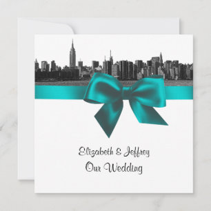 NYC Bred Siluett Etsad BW Teal Bröllop SQ Inbjudningar