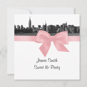 NYC Bred Siluett Graverad BW Rosa Sweet Sixteen SQ Inbjudningar