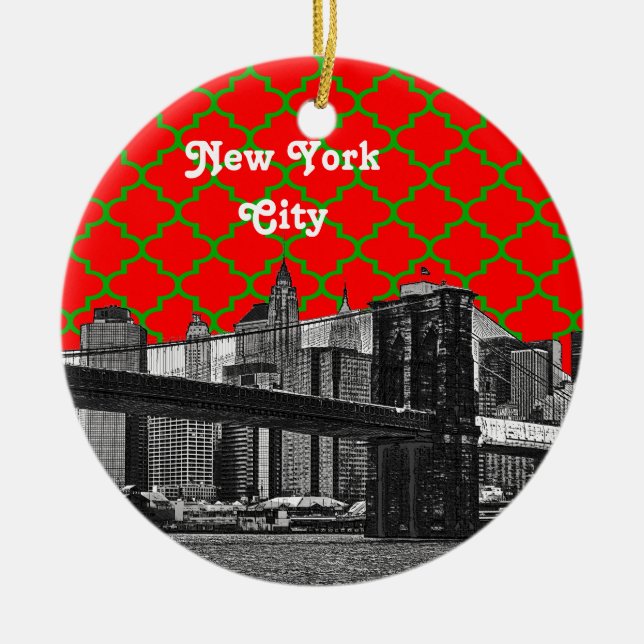 NYC Brooklyn Bridge Red Grn Quatrefoil Julafton Julgransprydnad Keramik (Framsidan)
