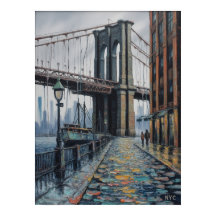 NYC Brooklyn Bridge Regnig Dag Vattenfrontsscen