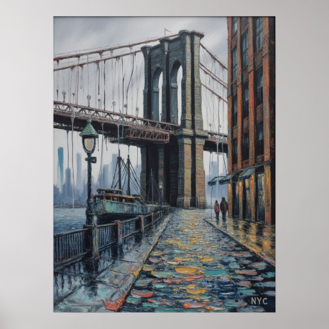 NYC Brooklyn Bridge Regnig Dag Vattenfrontsscen Poster (Framsidan)