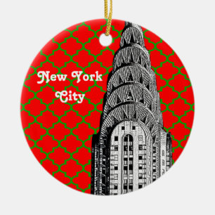NYC Chrysler Building Kuppelen Röd Grön Quatrefoil Julgransprydnad Keramik