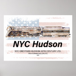 NYC Dreyfuss Hudson Locomotive. American flag Poster