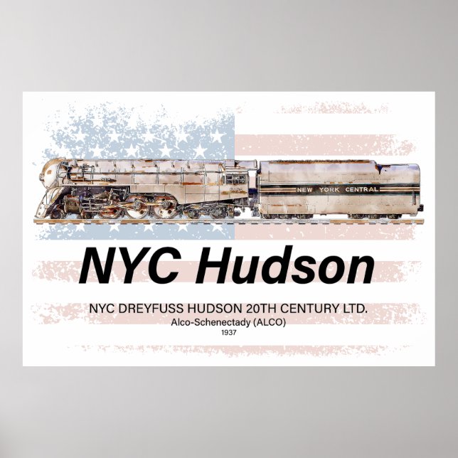 NYC Dreyfuss Hudson Locomotive. American flag Poster (Framsidan)