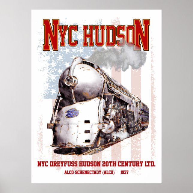 NYC Dreyfuss Hudson Locomotive. American flag Poster (Framsidan)