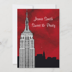 NYC ESB Siluett Röda Stjärniga BG2 Sweet 16 Inbjudningar