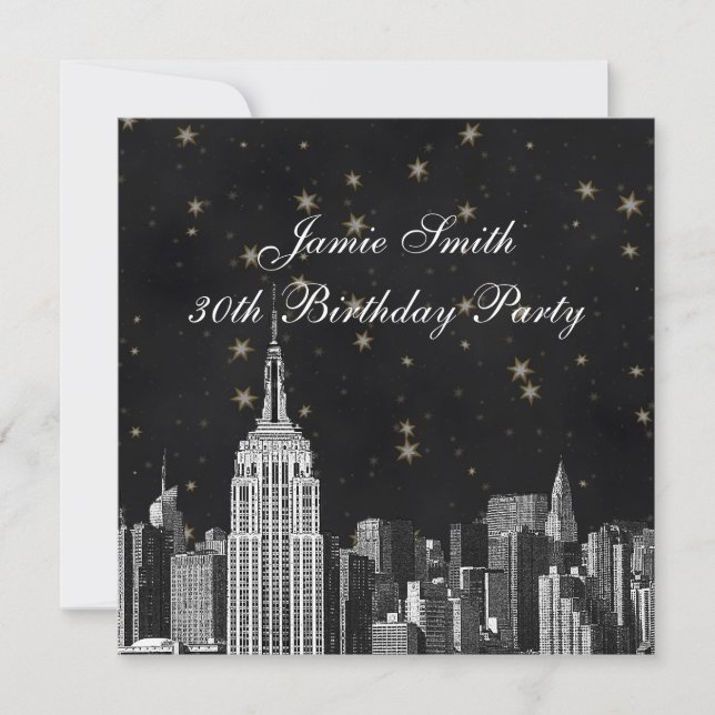 NYC ESB Skyline Etched Black Starry Birthday Pty Inbjudningar (Framsida)
