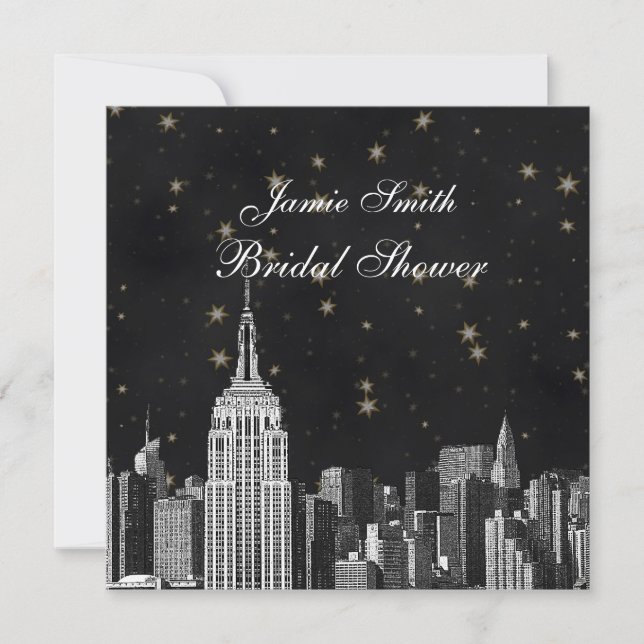 NYC ESB Skyline Etched Black Starry Möhippa Showr Inbjudningar (Framsida)
