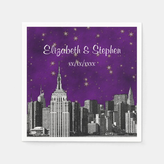 NYC ESB Skyline Etched Lila Starry Bröllop Pappersservett (Framsidan)