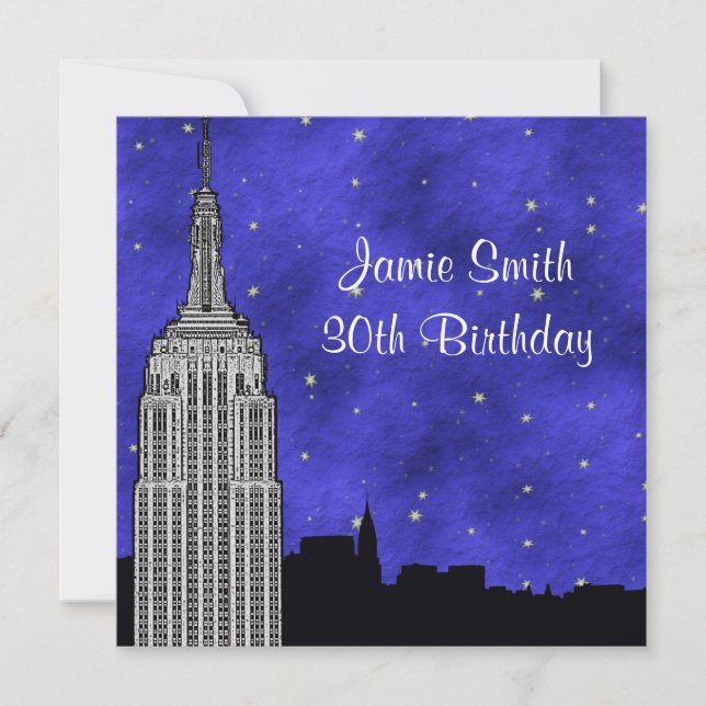 NYC ESB Skyline Silhouette Blue Starry BG Birthday Inbjudningar (Framsida)