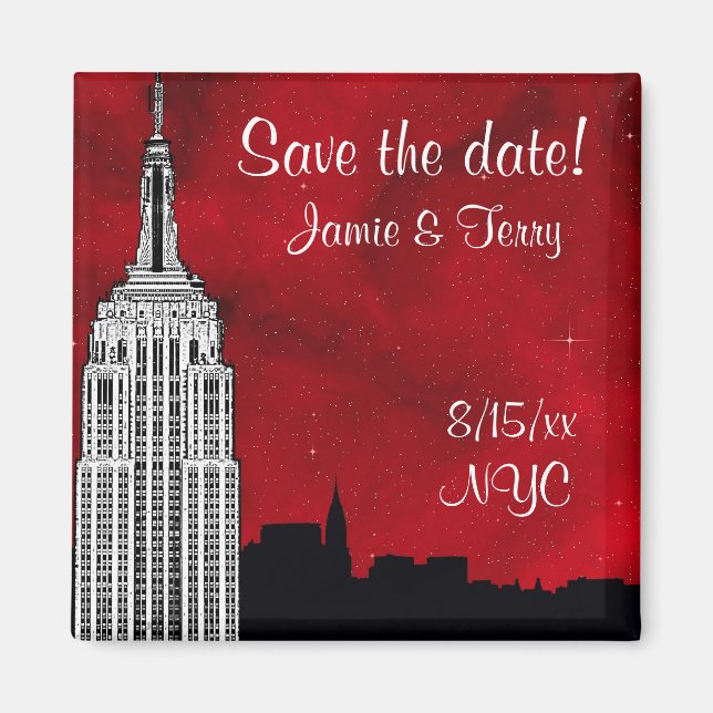 NYC ESB Skyline Silhouette Red Star Spara Date Magnet (Framsidan)