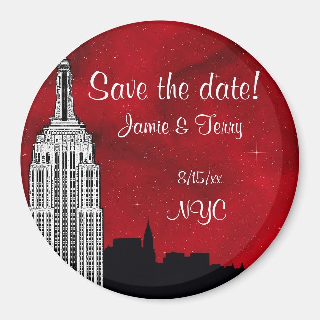 NYC ESB Skyline Silhouette Red Star Spara Datum R Magnet (Framsidan)