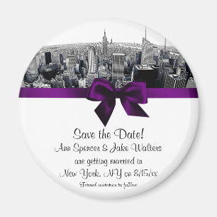 NYC Etched Fisheye Skyline BW Purp Spara datum R Magnet