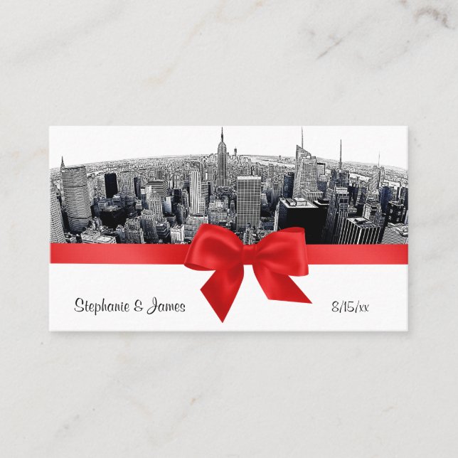 NYC Etched Fisheye Skyline BW Red Escort Card Placeringskort (Framsida)