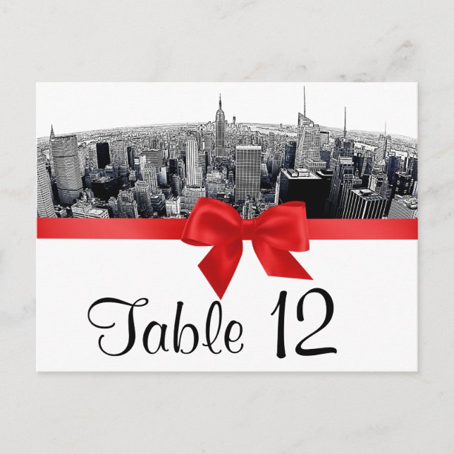 NYC Etched Fisheye Skyline SV Red Table Number Vykort (Framsida)