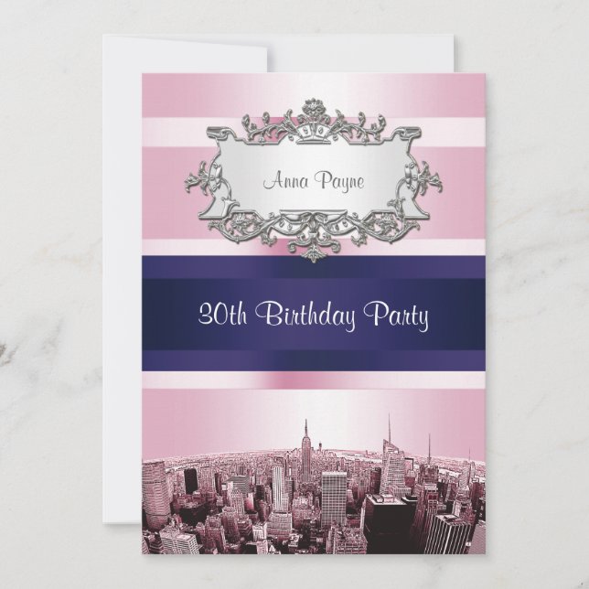 NYC Etched Skyline 2 Rosa BG, Blue Ribbon Birthday Inbjudningar (Framsida)