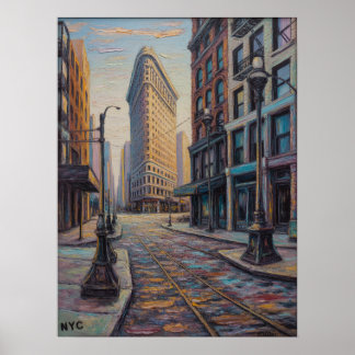 NYC Flatiron Building gatu scen med spårvagnsspår Poster