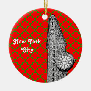 NYC Flatiron Building Röd Grn Quatrefoil Jul Julgransprydnad Keramik