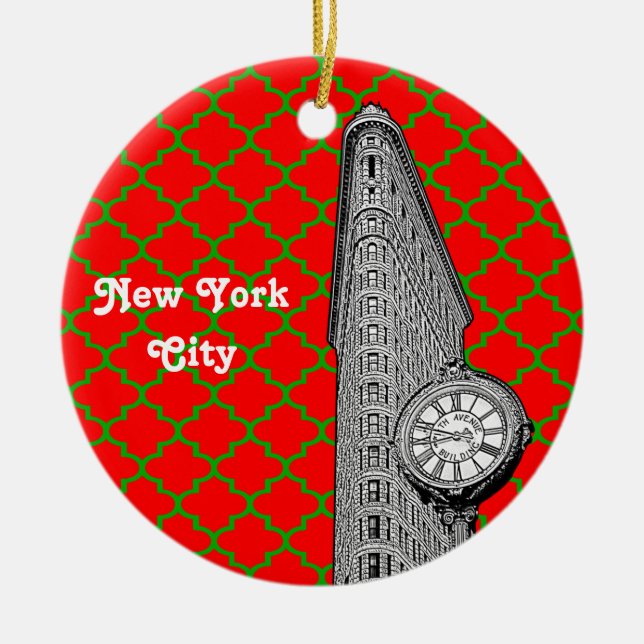 NYC Flatiron Byggnad Red Grn Quatrefoil Julafton Julgransprydnad Keramik (Framsidan)