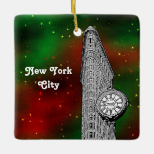 NYC Flatiron Byggnad Red Grn Starry Julafton Julgransprydnad Keramik